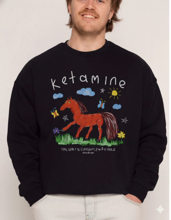 Whimsical Horse "Ketamine" Sweatshirt – Playful Hand-Drawn Design, Cozy Unisex Crewneck